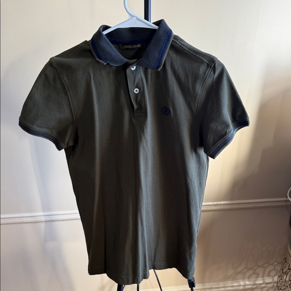 Roberto cavalli. Men's Dark Green Polo with Navy Accents